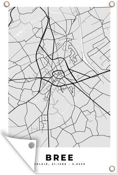 Muurdecoratie Stadskaart – Plattegrond – België – Zwart Wit – Bree – Kaart - 120x180 cm - Tuinposter - Tuindoek