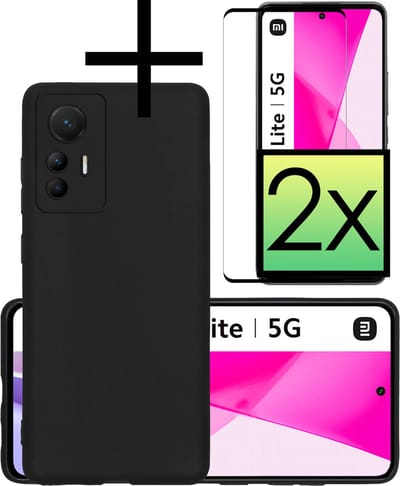 Hoesje - Met 2x Screenprotector - Geschikt voor Xiaomi 12 Lite - Sterk & Shockproof - Back Cover - Siliconen Case - Telefoon Hoes - Zwart