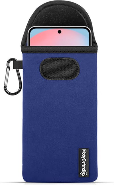 MobyDefend Hoesje - Geschikt voor Samsung Galaxy S24 FE - Neopreen Pouch Met Karabijnhaak - Insteek - Riemlus - Blauw