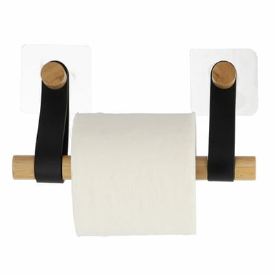 Tendance Toiletrolhouder wand/muur - zelfklevend - zwart - bamboe/kunstleer - zonder boren