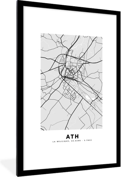 Fotolijst incl. Poster Zwart Wit- België – Ath – Stadskaart – Kaart – Zwart Wit – Plattegrond - 80x120 cm - Posterlijst