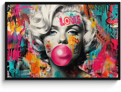 Poster in lijst - Fotolijst 120x80 cm - Posters - Vrouw - Kauwgom - Graffiti - Neonkleuren - Posterlijst zwart - Decoratie - Wanddecoratie woonkamer - Muurdecoratie slaapkamer