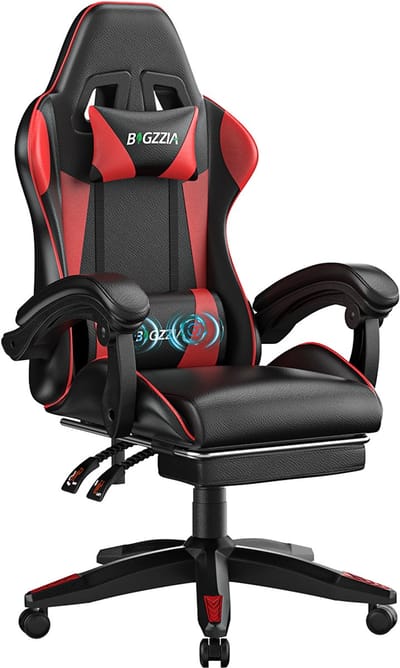 BIGZZIA Gamingstoel - Ergonomische gamestoel - Lendenkussen met massagefunctie - Hoofdsteun en voetsteun - 90°-135° verstelbaar - In hoogte verstelbaar - Draagvermogen 136 kg - Zwart en Rood