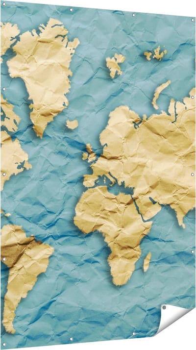 Gards Tuinposter Wereldkaart op Gekreukeld Papier - 120x180 cm - Tuindoek - Tuindecoratie - Wanddecoratie buiten - Tuinschilderij