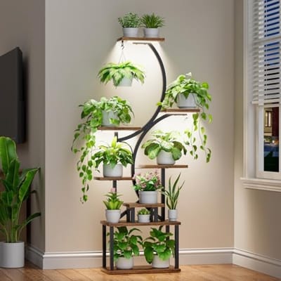 Hoge plantenstandaard met kweeklampen, 8-lags S-vormig metalen rek voor binnenplanten, 157,5 cm hoog, zwarte bloemenstandaard voor woonkamer decoratie