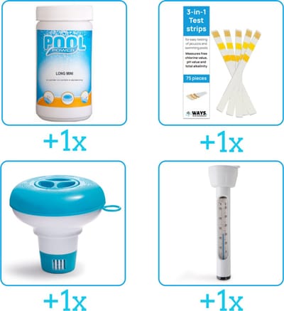 Zwembad Onderhoudspakket - Onderhoud Zwembad - bevat Chloor - Testrips - Chloordrijver en Thermometer (4-delig)