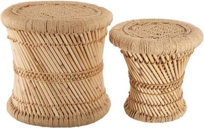 Bijzettafel Set Van 2 Naturel Bamboe - Boho Salontafel - Bohemian Bijzettafeltjes - Tafeltjes van Bamboe en Hennep