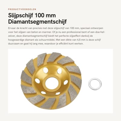 Dailygoods- Slijpschijf 100 mm - Diamantschijf 4,5 mm - Geschikt voor slijpmachine - Luchtgaten voor koeling - Slijpen van beton/marmer - Duurzaam schuurmiddel