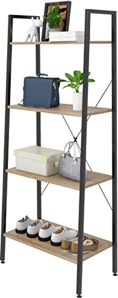 Heavy Duty 4-Tier Ladder Boekenkast met Zwart Metalen Frame en Licht Eiken Houten Planken - 60x35x148CM