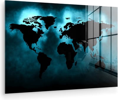 ® Glasschilderij 180x120 cm - Schilderij acrylglas - Wereldkaart - Zwart - Blauw - Foto op glas - Muurdecoratie woonkamer - Wanddecoratie slaapkamer - Schilderijen