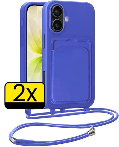 Hoesje Geschikt voor iPhone 17 Telefoonhoesje Met Koord Case Pashouder Siliconen - Hoes Geschikt voor iPhone 17 Hoesje Met Kaarthouder - Felblauw - 2 Stuks