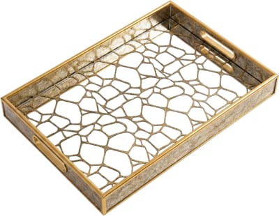 IvoQ Luxe Dienblad Goud - 30x45 cm - Rechthoekig Serveerblad met Spiegel & Handgrepen - Decoratie Plateau - Marmer & Art Deco Look