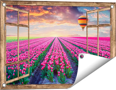 Gards Tuinposter Doorkijk Bloemenveld met Roze Tulpen - Luchtballon - 60x40 cm - Tuindoek - Tuindecoratie - Wanddecoratie buiten - Tuinschilderij