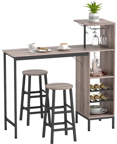 Barkrukken En Bartafel Set - Set Van 3 - Met Opbergrek, Wijnrek En Glashouders - Voor Keuken En Kleine Ruimtes - MDF Grijs