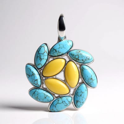 Cavill - Zilveren Hanger - 925 Sterling Zilver - Turkoois 7,068 ct Marquise Cabochon - Baltische Barnsteen 1,5 ct - Elegante Bloemvormige Sieraden