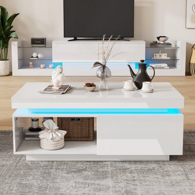 Moderne hoogglans salontafel met LED-verlichting - 100x50x40,3 cm - bijzettafel met lade - wit