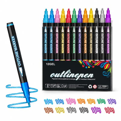 12 kleuren glittermarkers met ronde punt - kunststof behuizing - verpakking in PP-doos