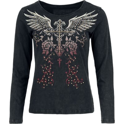Rock Rebel by EMP Zwart shirt met lange mouwen met grote print aan de voorkant en vetersluiting aan de achterkant - Dames - XL