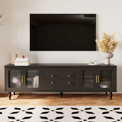 Sweiko TV kast, Retro stijl, TV meubelkast, Gouden handvatten, Voldoende opbergruimte. Met glazen deuren en massief houten poten, Zwart