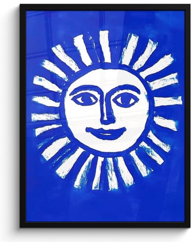 Poster in lijst - Fotolijst 60x80 cm - Posters - Zon - Gezicht - Penseelstructuur - Blauw - Posterlijst zwart - Decoratie - Wanddecoratie woonkamer - Muurdecoratie slaapkamer