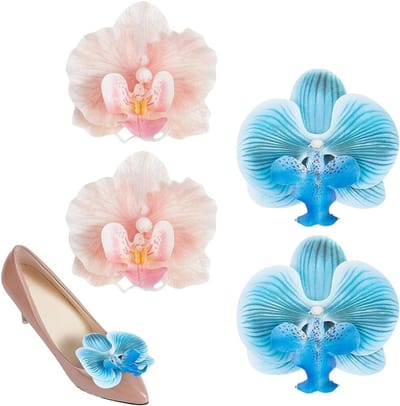2 Paar Bloem Schoenclips met Vlinder en Orchidee, Decoratieve Schoenaccessoires voor Dames bij Bruiloften, Feesten en Strand, Geschikt voor Sandalen en Hakken, Blauw en Licht
