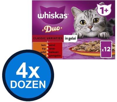 4x Whiskas - 1+ Pouch Adult Gelei Duo Classic Selectie Multipack (12x85g) - Kattenvoer Natvoer - 1.02 kg