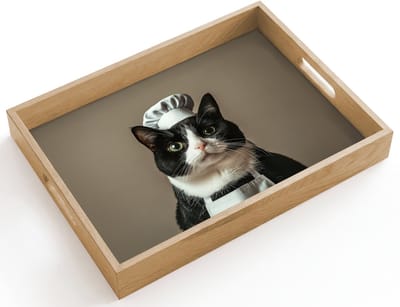 Dienblad hout 40x30 cm - Schootdienblad - Kat - Kokskleding - Zwart - Wit - Borrelplank rechthoek - Plateau dienbladen