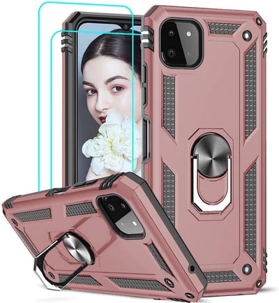 HB Hoesje Geschikt voor Samsung Galaxy A22 5G Roségoud 2X Glazen Screenprotectors - Anti-Shock Hybrid Armor Back Cover - Hoes met Kickstand Ring