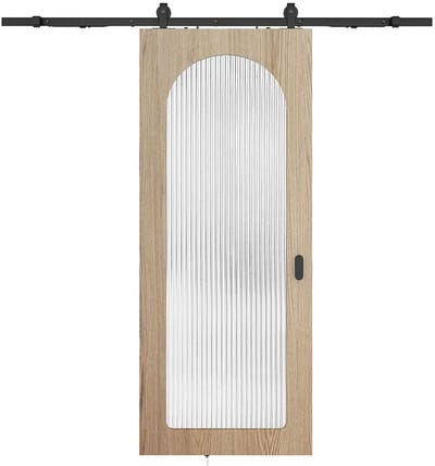 Vente-unique Schuifdeur met opleggsysteem in hout en MDF - natuurlijke lichtboog en gehard geribbeld glas - H205 x B93 cm - ODEZA