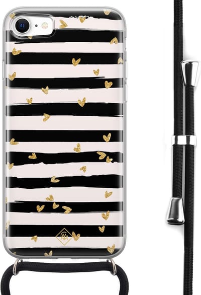 Casimoda® hoesje met koord - Geschikt voor iPhone SE (2020) - Hart Streepjes - Afneembaar koord - Siliconen/TPU - Zwart