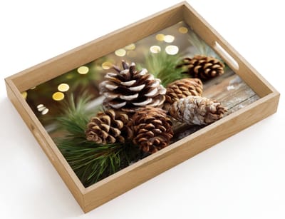 Dienblad hout 40x30 cm - Schootdienblad - Dennenappels - Kerstsfeer - Bruin - Groen - Borrelplank rechthoek - Plateau dienbladen