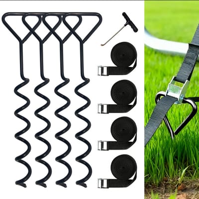 Set van 4 grondankers voor trampoline | Heavy Duty | Schroefgrondankers voor trampoline | Windbestendige schroefankers met spanbanden