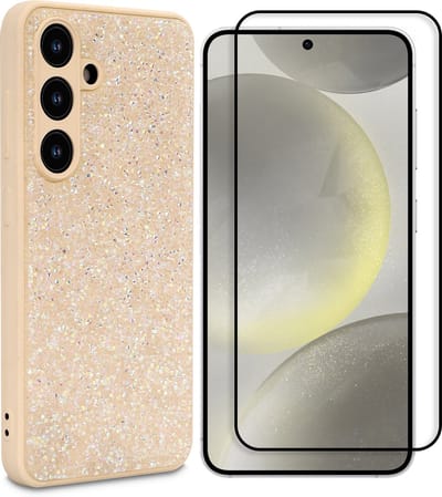 Casemania Hoesje & Volledig Dekkend Glas Geschikt voor Samsung Galaxy S25 - Goud - Diamant Glitter Back Cover & Glazen Screenprotector