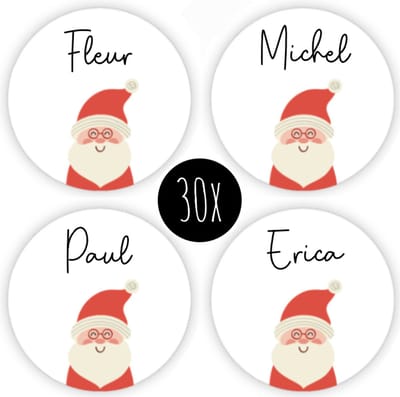 30x Kerst Stickers / Naamstickers | rond | beschrijfbaar | sticker naam | 35 mm | KERSTMAN