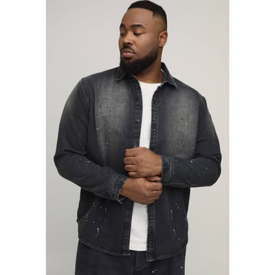 Plus Regular Fit Spray Gewassen Verfspetter Denim Overhemd | Washed Charcoal | Size 2XL