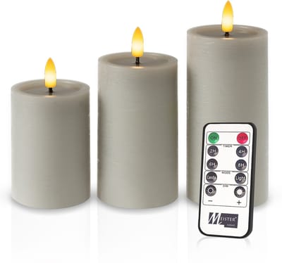 Meisterhome – 3 x Led Stompkaars - Grijs – Stompkaars Echte wax - Led kaarsen - 10 / 12.5 / 15 cm Hoog - Met afstandsbediening – Timer 2/4/6/8 uur – Dimbaar