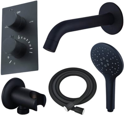 FugaFlow Eccelente Acces Badkraan set - uitloop - 22cm inkortbaar - gladde slang - ronde handdouche - inbouwdeel - wandhouder - mat zwart