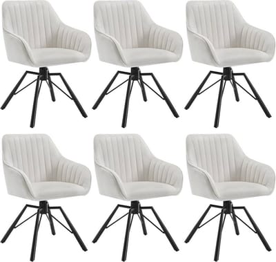 Roterende eetkamerstoelen set van 6 - fluwelen fauteuils - draaistoelen - 360 graden rotatie, comfortabel en stevig - crème, metalen poten - 58 cm x 83,5 cm x 53,5 cm