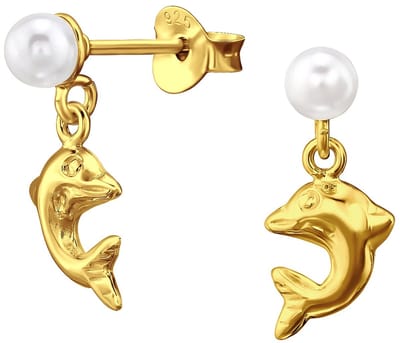 Joy|S - Zilveren dolfijn bedel oorbellen - parel oorknoppen met hanger - gold plated - goudkleur met witte parel