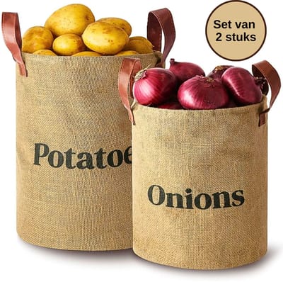 Janse® Jute voorraadzak voor uien en aardappelen set van 2 - Voorraadzak - Voedselopbergers - Opslagzakken - Voorraadmanden voor uien en aardappelen - Met leren handvatten