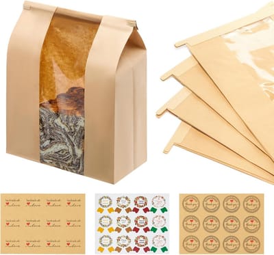 60 stuks kraftpapieren broodzakken met voorvenster en tin-tie sluiting - 35 x 24 x 11 cm