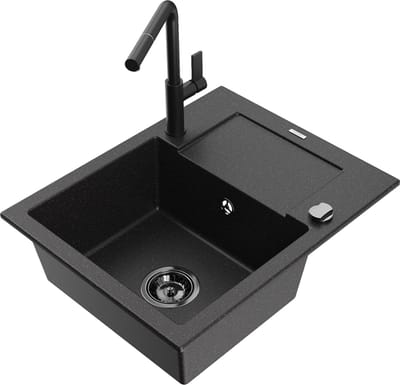 Mexen Enzo granieten spoelbak 1-komers met afdruiprek en keukenkraan Flora, zwart/zilver metallic - 6506-73-670401-70-B