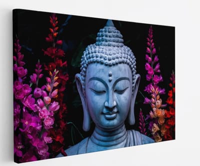 Saammp Canvas Schilderij - Boeddha bij gekleurde planten - 45x30 - Foto op canvas - Wanddecoratie - Muurdecoratie Woonkamer - Canvas schilderijen
