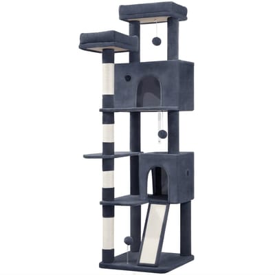 Kattenboom – Voor Binnenkatten – 178 cm Kattenboom met Meerdere Niveaus, Krabpalen en Krabplank – Grijs