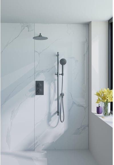 FugaFlow Eccelente Acces Inbouw Regendoucheset - thermostatisch - wandarm - glijstang - 25cm hoofddouche - ronde handdouche - metalen doucheslang - geborsteld Gunmetal PVD