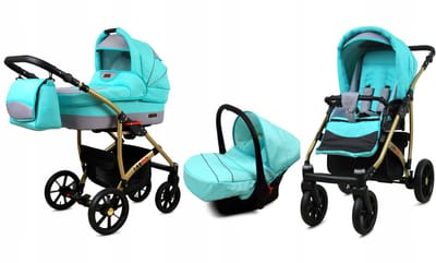 BabyLux® Kinderwagen 3in1 – LARGO - MINT GOLD FRAME - Opklapbare Wandelwagen incl. Reiswieg, Multifunctionele Buggy Sportstoel, Autostoel - Combi-kinderwagen met Luiertas, Regenhoes, Klamboe, Bekerhouder, etc.