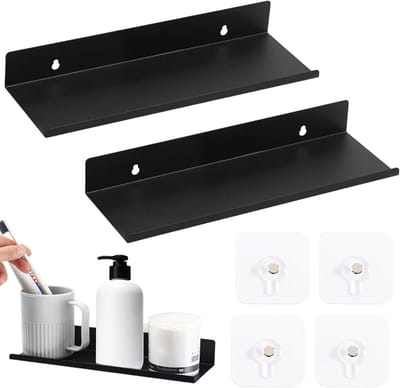 Set van 2 Kleine Wandplanken met Zelfklevende Fotolijsten - Zwarte Drijvende Plank voor Keuken, Woonkamer en Kantoor (20 x 8.5 x 5 cm) - Ideaal voor Decoratie en Opbergruimte