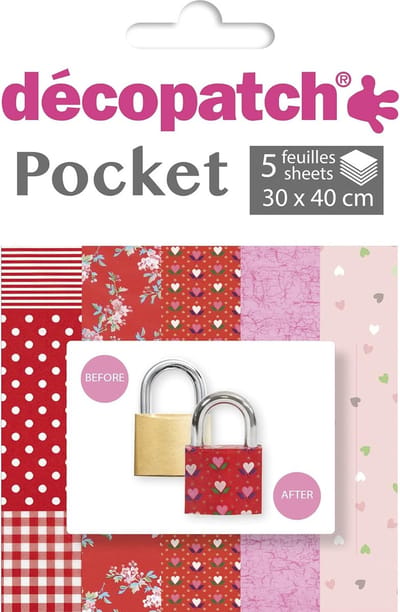 Decopatch Pocket No28 pocket met 5 vellen bedrukt papier 30x40 cm, diverse patronen (ref. 484, 658, 814, 299 en 684)