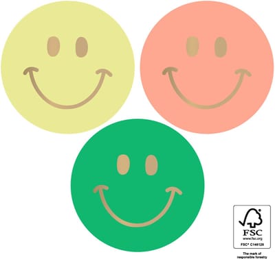 30 Cadeaustickers: Goudfolie smiley- Geel, perzik en groen - Ronde sticker 55 mm- Cadeauversiering- Sluitzegel- Traktatiesticker- Wensetiket