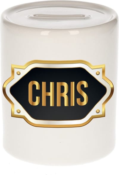 Spaarpot met voornaam Chris - wit - met goud/zwart embleem - 8 x 9 cm - keramiek - met afsluitdop - cadeau verjaardag